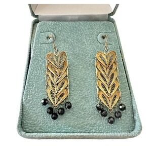 Vintage Sterling Silver Gold Plated Onyx Hearts Filigree Dangle Post Earrings KC